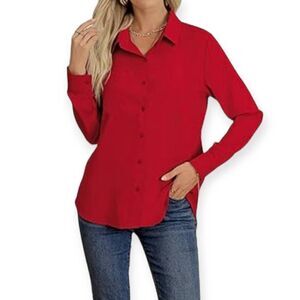 AISEW Red Womens Casual Button Down Shirts V Neck Chiffon Long Sleeve SZ.L NWT